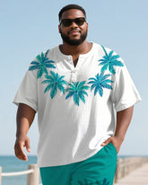 Men's Plus Size Hawaiian Coconut Leaf Necklace Printed Henry Collar Short Sleeve T-Shirt Shorts Suit